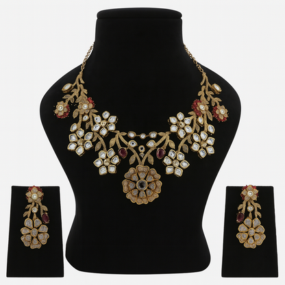 Aanura Floral Kundan Bridal Necklace Set with Earrings
