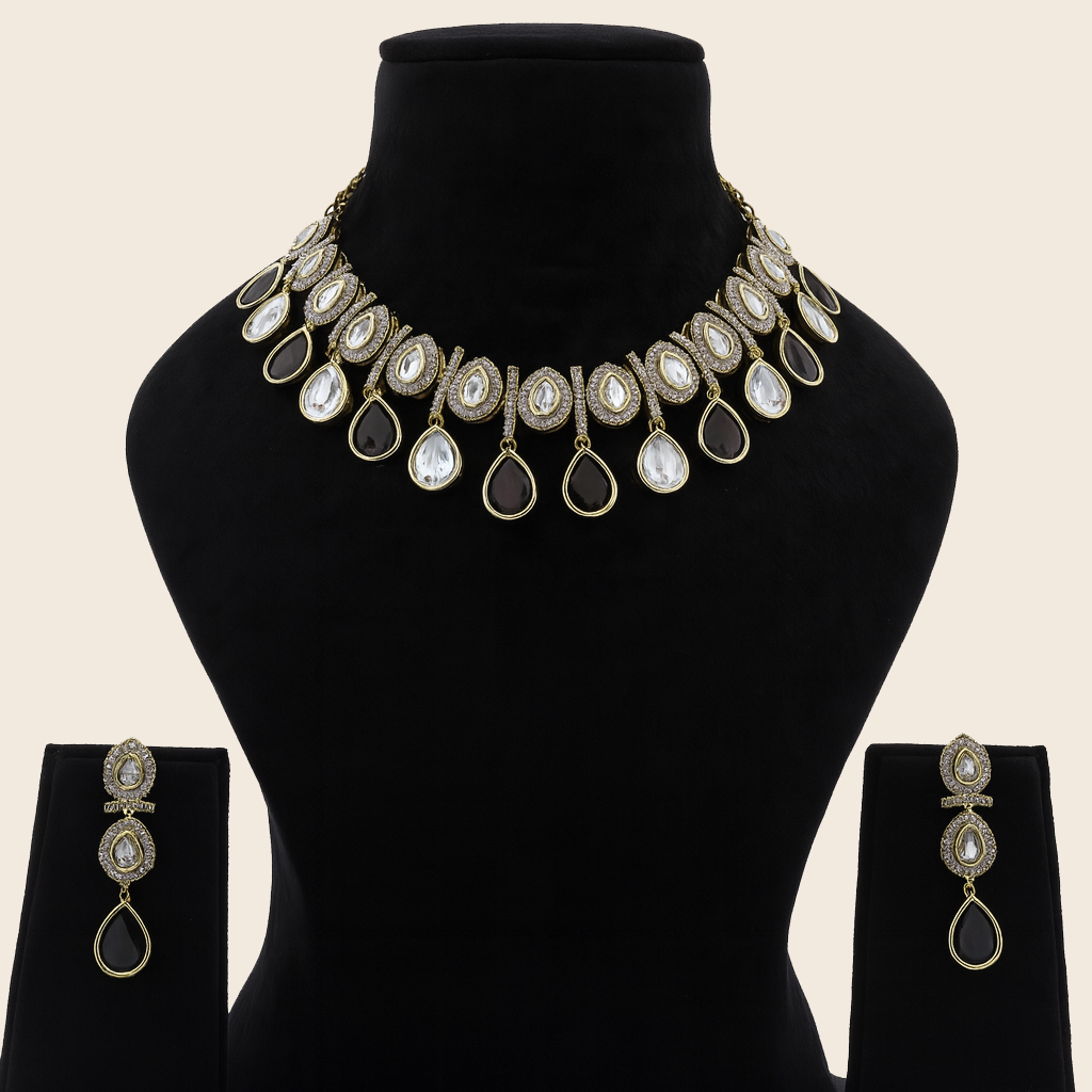 Aanura Teardrop Kundan Necklace with Dual-Tone Drops & Earrings