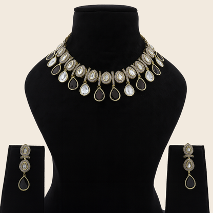 Aanura Teardrop Kundan Necklace with Dual-Tone Drops & Earrings