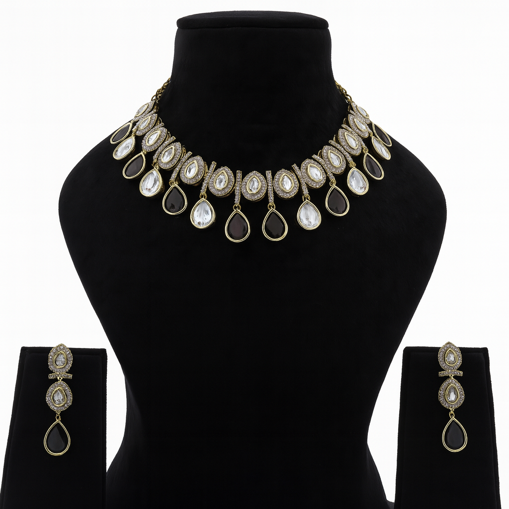 Aanura Teardrop Kundan Necklace with Dual-Tone Drops & Earrings