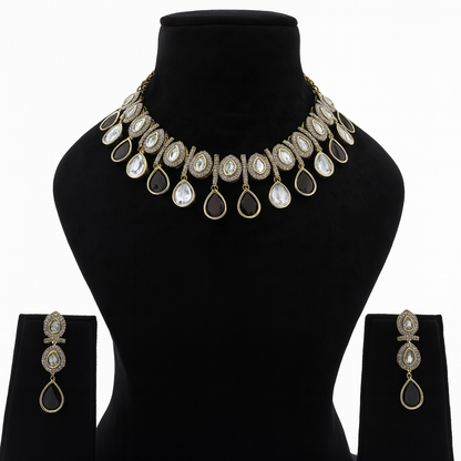Aanura Teardrop Kundan Necklace with Dual-Tone Drops & Earrings