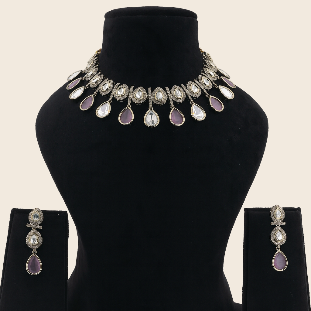 Aanura Teardrop Kundan Necklace with Dual-Tone Drops & Earrings