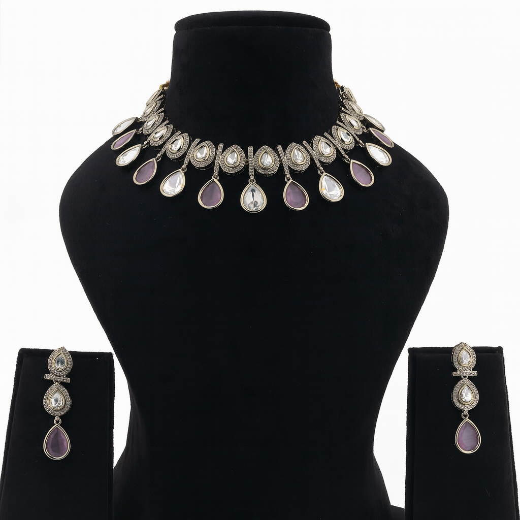 Aanura Teardrop Kundan Necklace with Dual-Tone Drops & Earrings