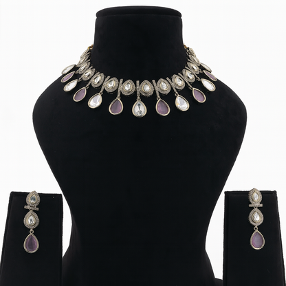 Aanura Teardrop Kundan Necklace with Dual-Tone Drops & Earrings