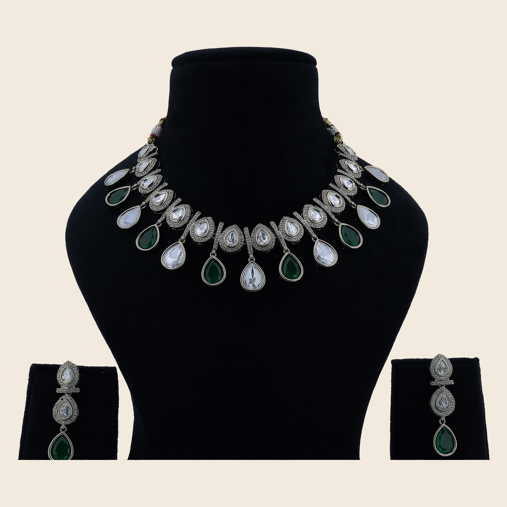 Aanura Teardrop Kundan Necklace with Dual-Tone Drops & Earrings