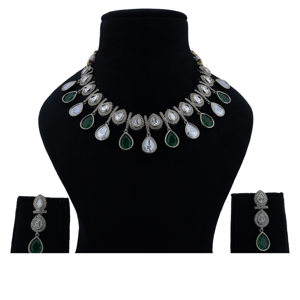 Aanura Teardrop Kundan Necklace with Dual-Tone Drops & Earrings