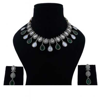 Aanura Teardrop Kundan Necklace with Dual-Tone Drops & Earrings