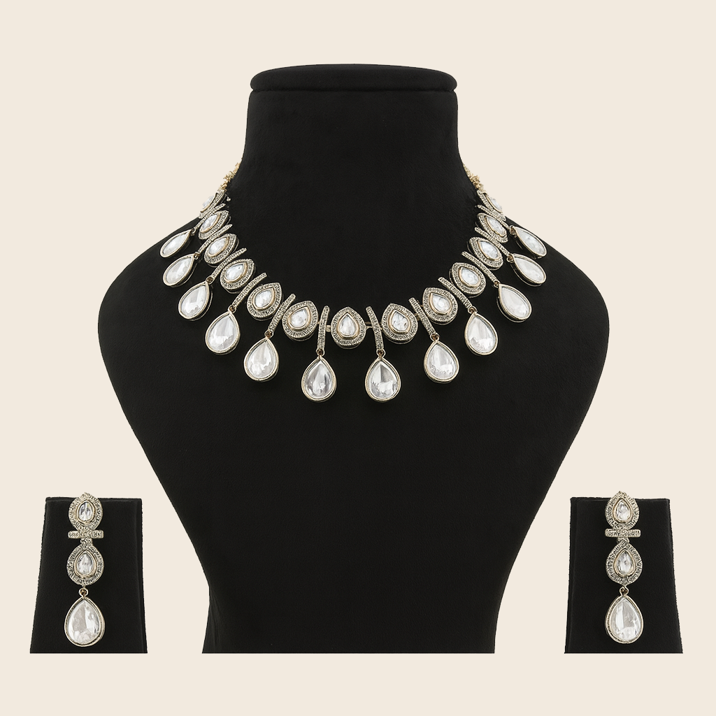 Aanura Teardrop Kundan Necklace with Dual-Tone Drops & Earrings