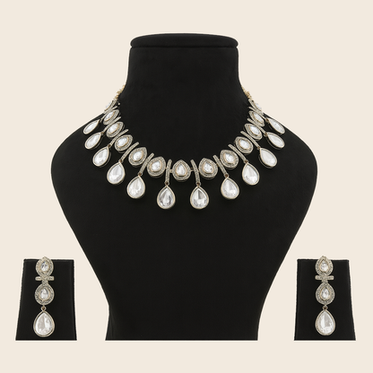 Aanura Teardrop Kundan Necklace with Dual-Tone Drops & Earrings