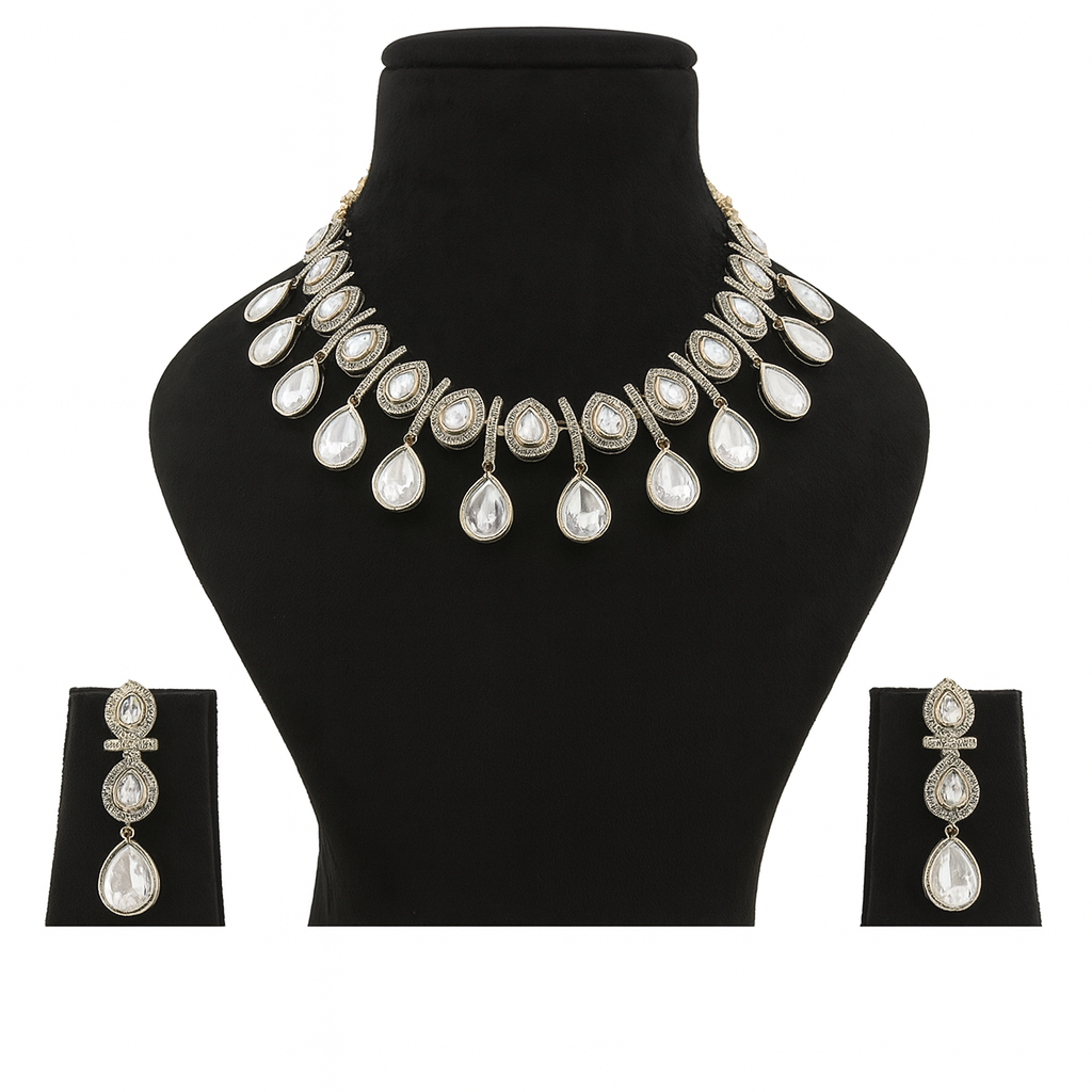 Aanura Teardrop Kundan Necklace with Dual-Tone Drops & Earrings