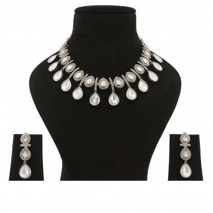 Aanura Teardrop Kundan Necklace with Dual-Tone Drops & Earrings