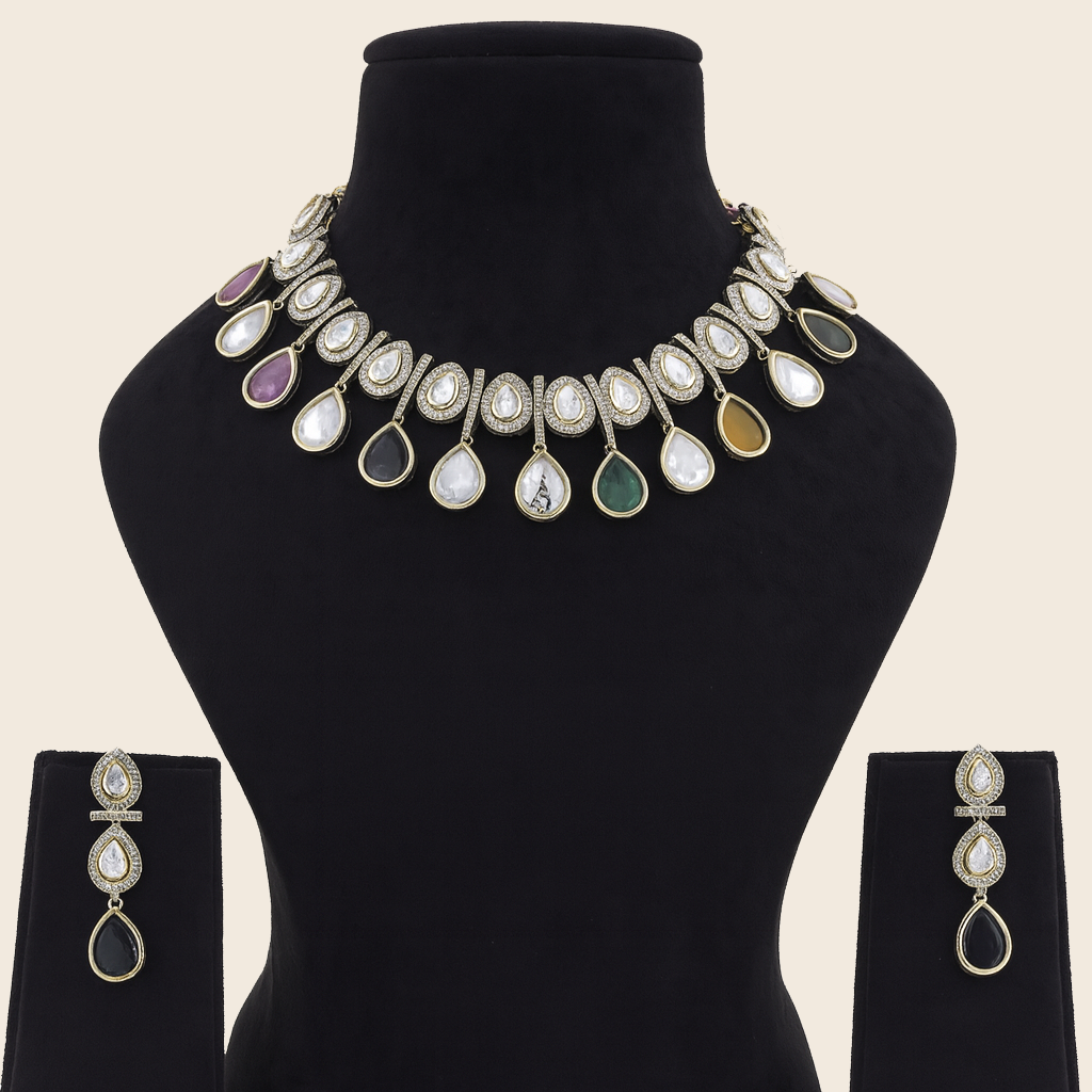 Aanura Teardrop Kundan Necklace with Dual-Tone Drops & Earrings