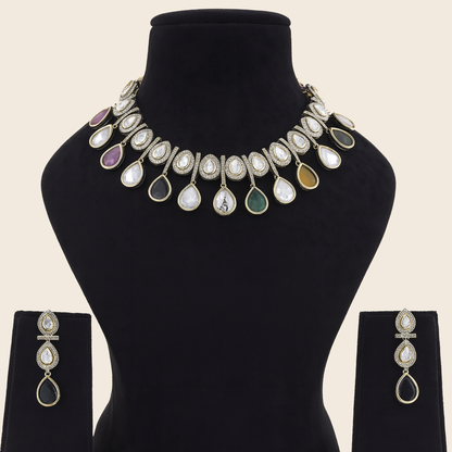 Aanura Teardrop Kundan Necklace with Dual-Tone Drops & Earrings