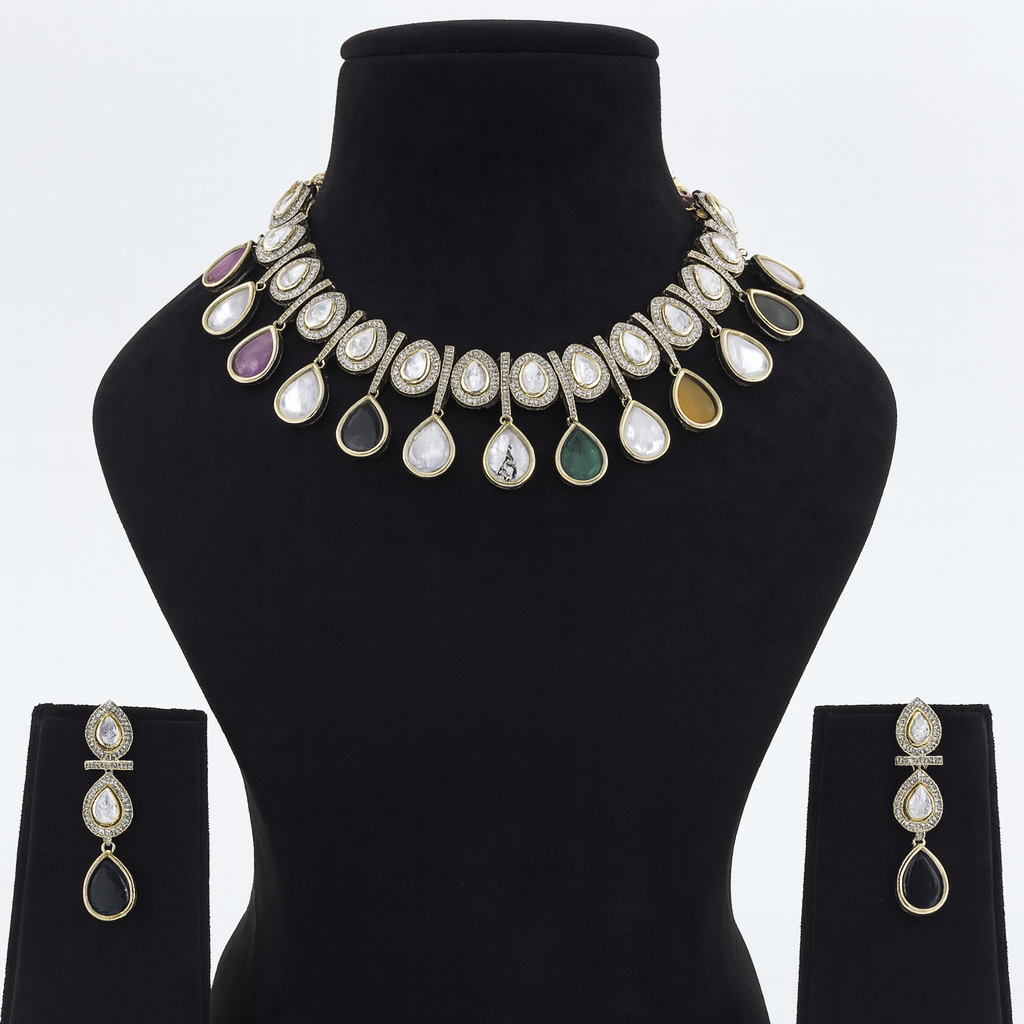 Aanura Teardrop Kundan Necklace with Dual-Tone Drops & Earrings