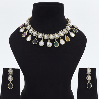 Aanura Teardrop Kundan Necklace with Dual-Tone Drops & Earrings