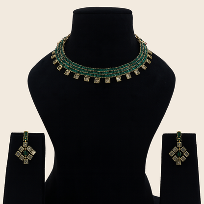 Aanura Green Beaded Choker Necklace Set with Earrings