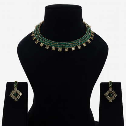 Aanura Green Beaded Choker Necklace Set with Earrings