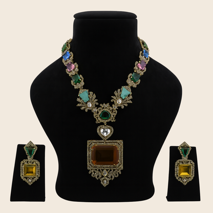 Aanura Grand Emerald Green Square Pendant Necklace Set