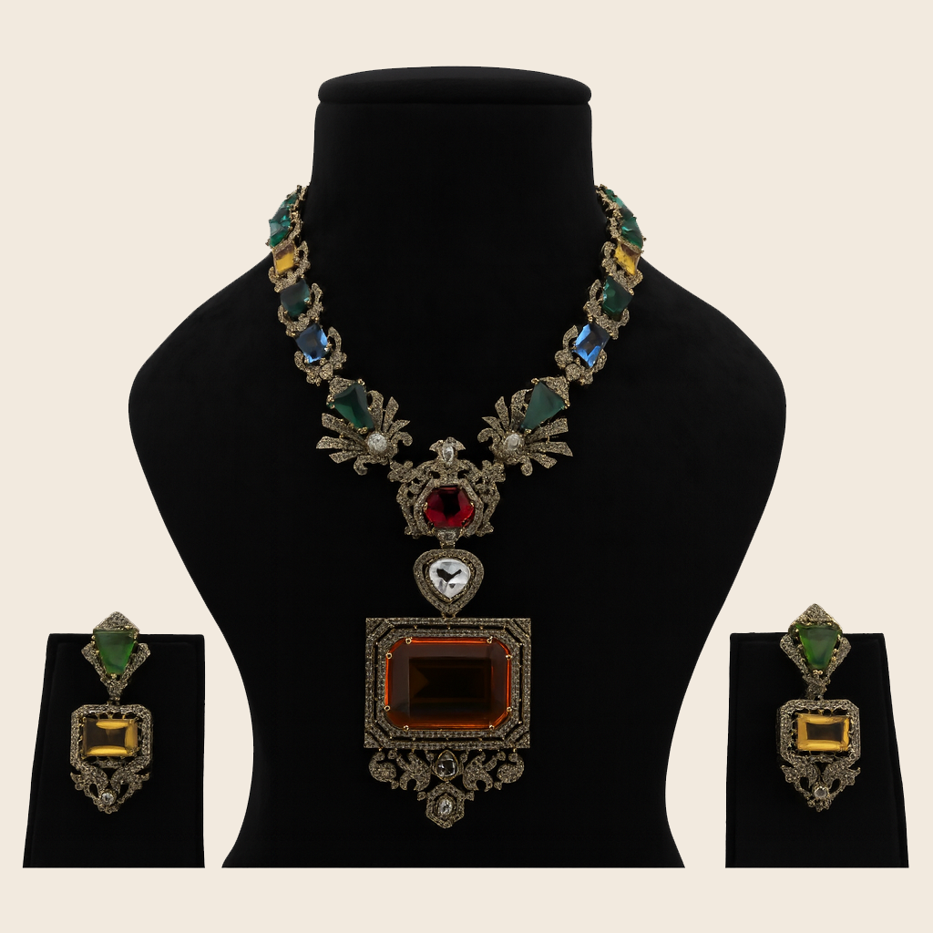 Aanura Grand Emerald Green Square Pendant Necklace Set