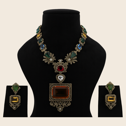 Aanura Grand Emerald Green Square Pendant Necklace Set
