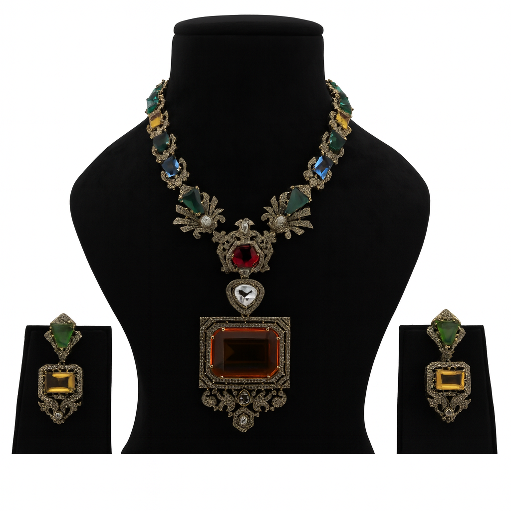 Aanura Grand Emerald Green Square Pendant Necklace Set
