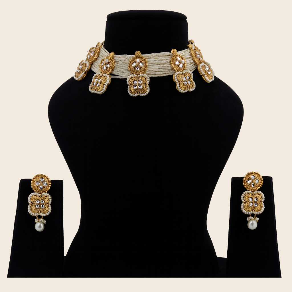 Aanura White Beaded Kundan Choker Necklace with Motifs