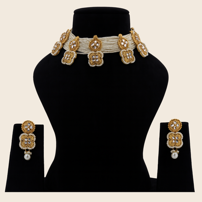 Aanura White Beaded Kundan Choker Necklace with Motifs