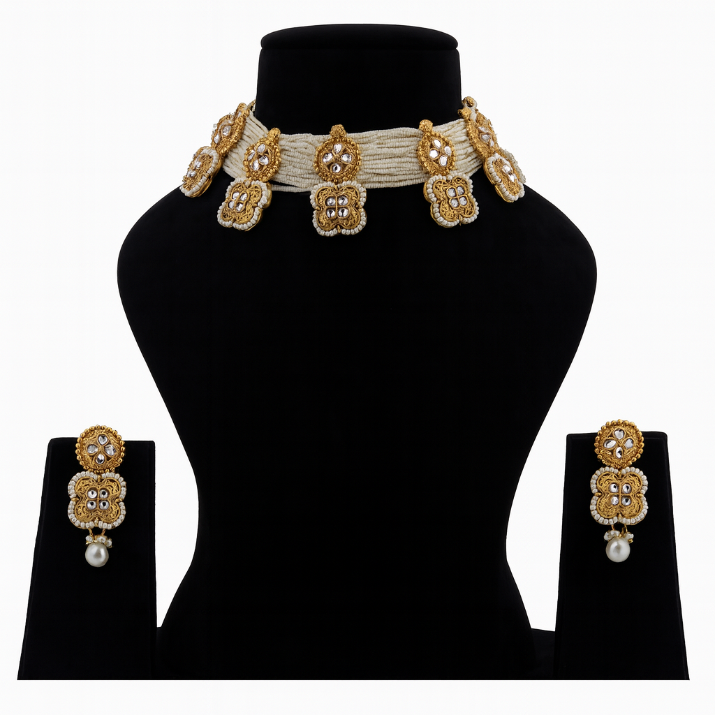 Aanura White Beaded Kundan Choker Necklace with Motifs