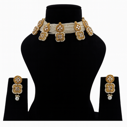 Aanura White Beaded Kundan Choker Necklace with Motifs