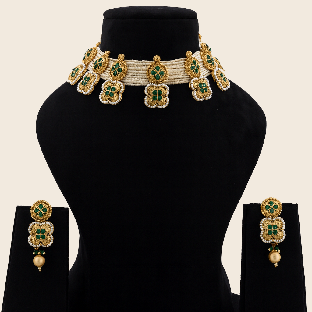Aanura White Beaded Kundan Choker Necklace with Motifs