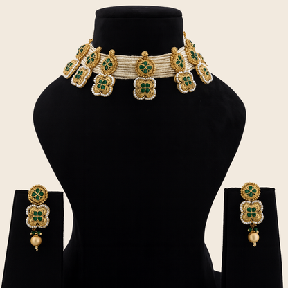 Aanura White Beaded Kundan Choker Necklace with Motifs