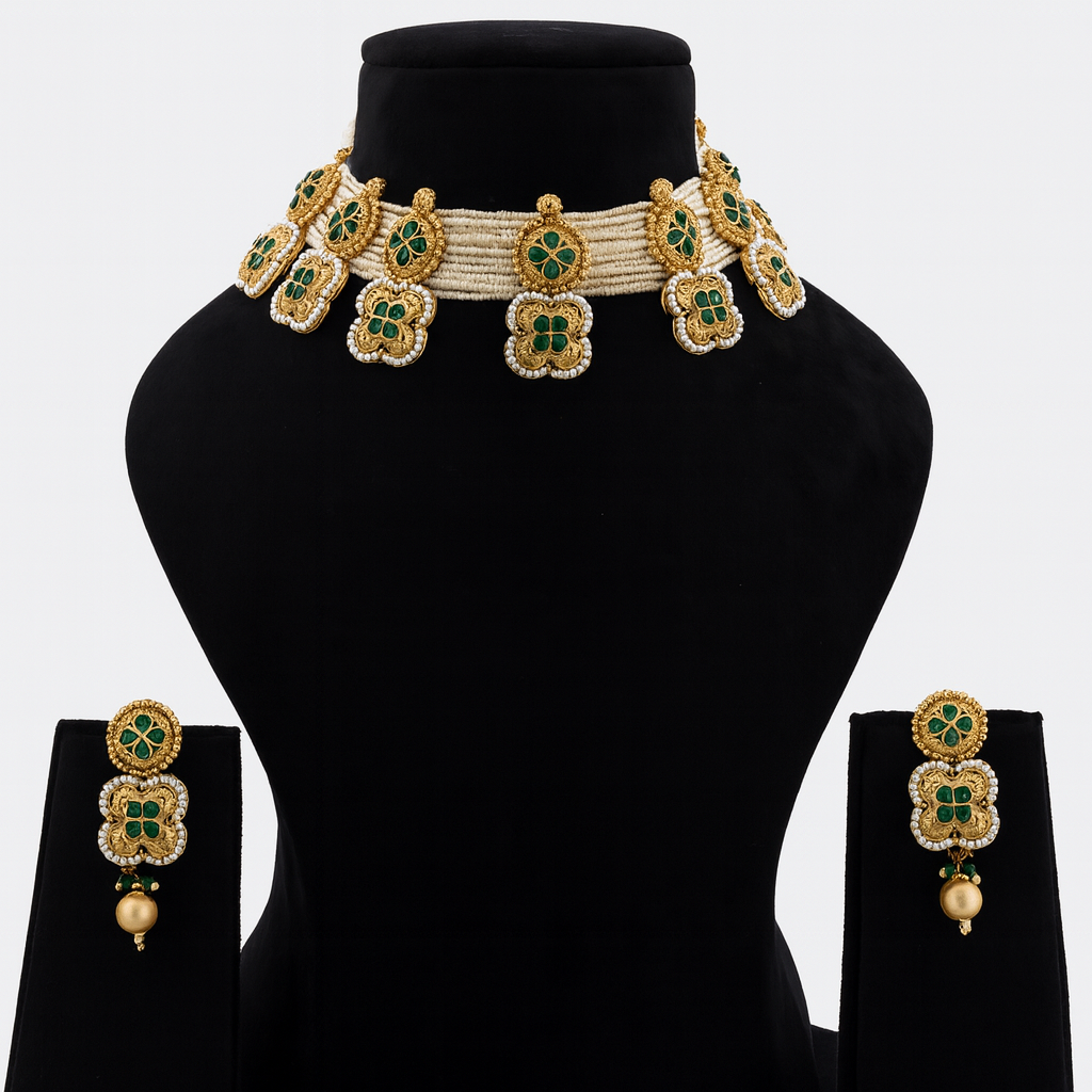 Aanura White Beaded Kundan Choker Necklace with Motifs