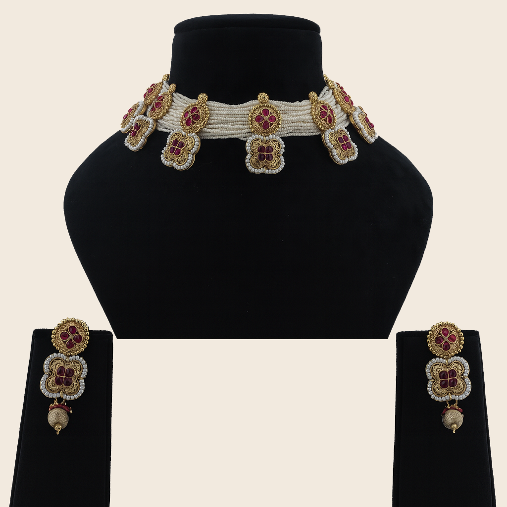 Aanura White Beaded Kundan Choker Necklace with Motifs