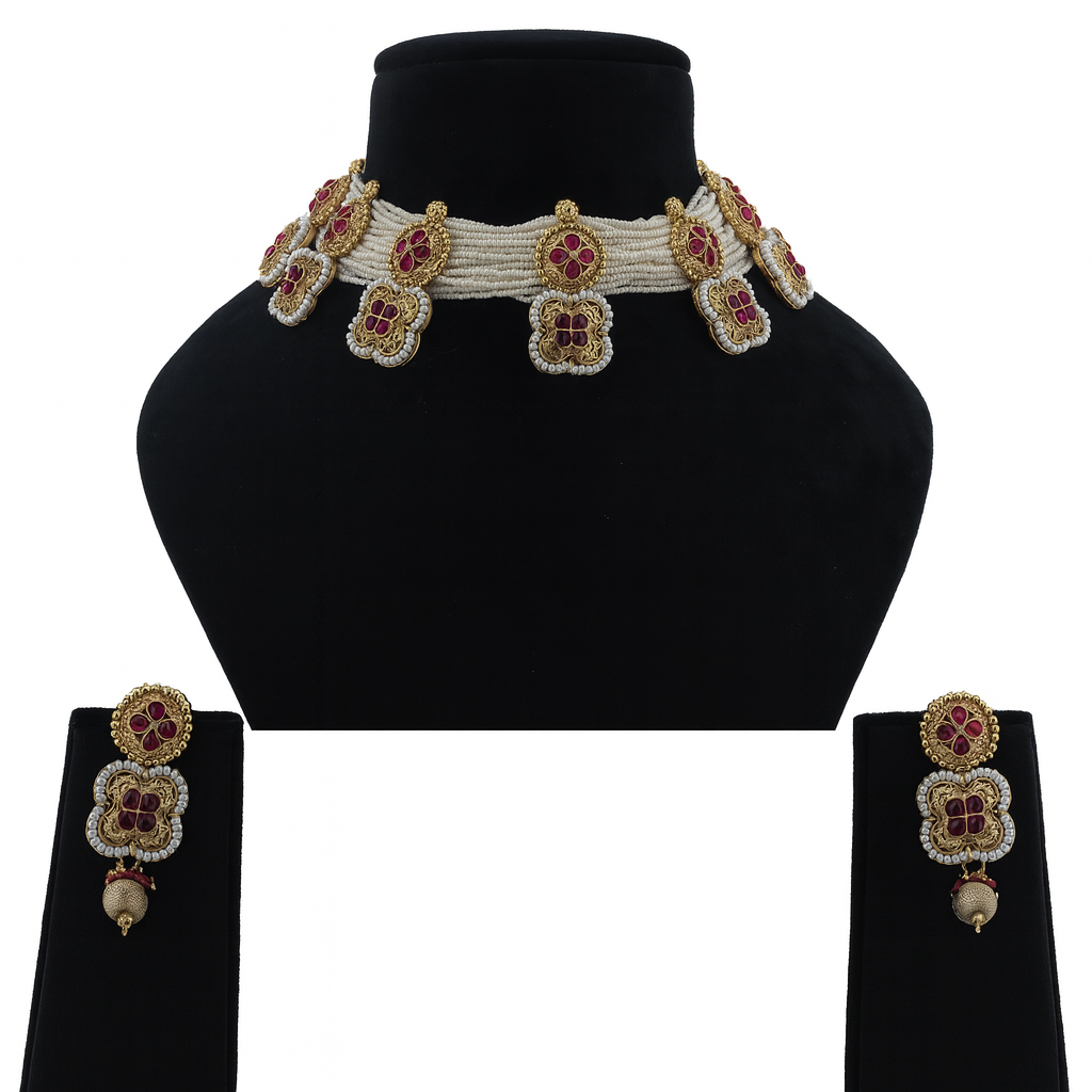 Aanura White Beaded Kundan Choker Necklace with Motifs