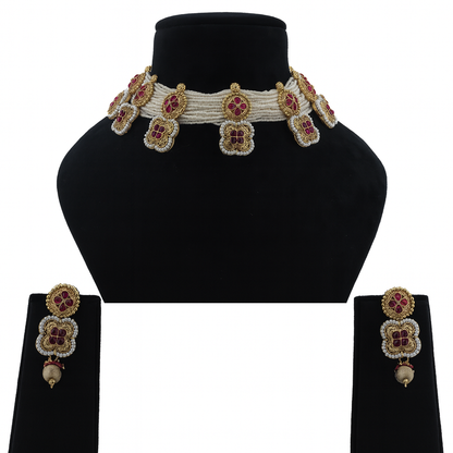 Aanura White Beaded Kundan Choker Necklace with Motifs