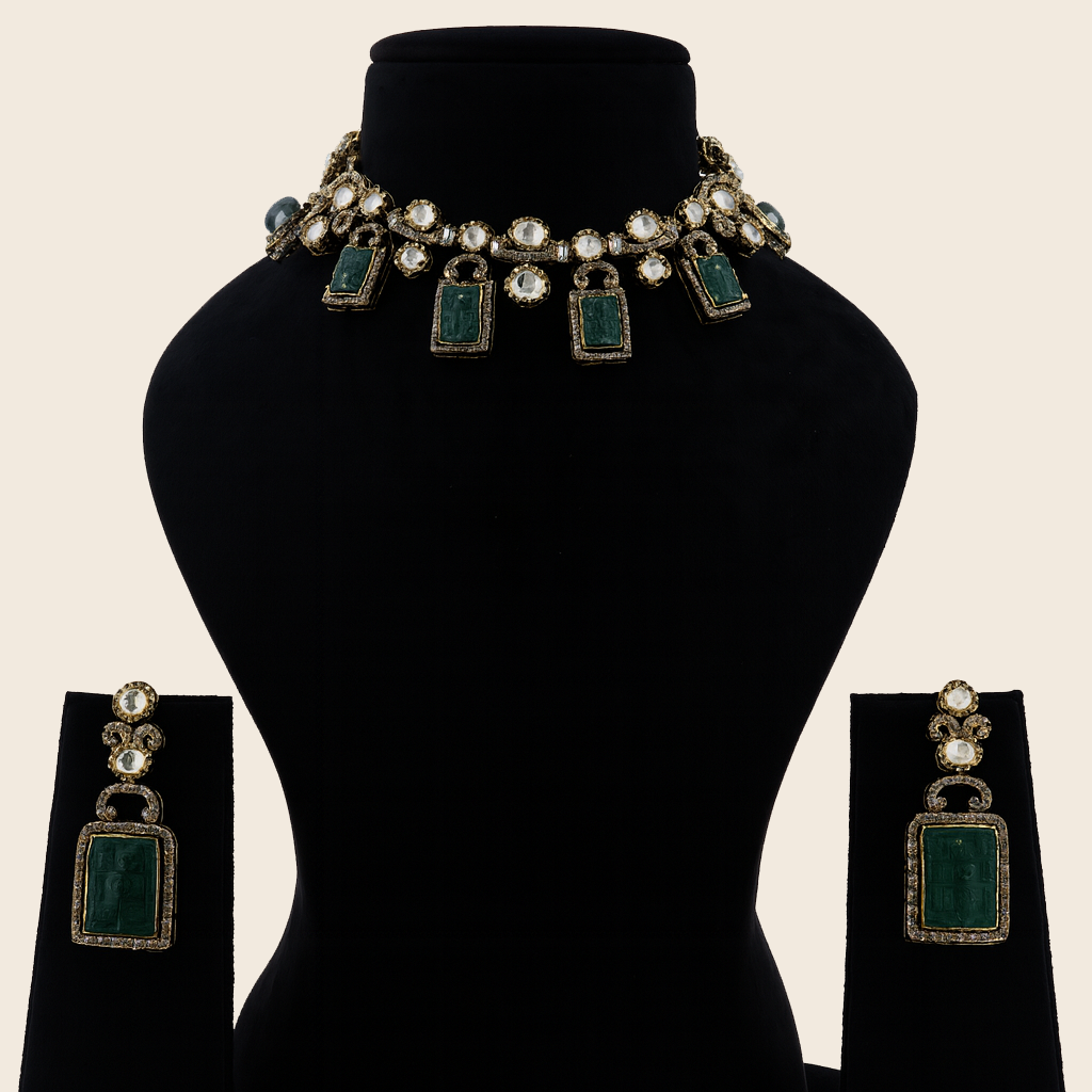 Aanura Green Carved Stone Choker Necklace Set with Earrings