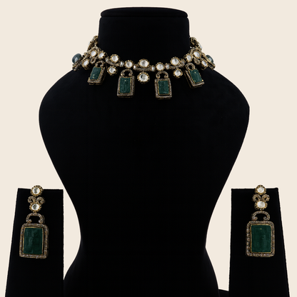 Aanura Green Carved Stone Choker Necklace Set with Earrings