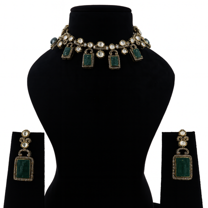 Aanura Green Carved Stone Choker Necklace Set with Earrings