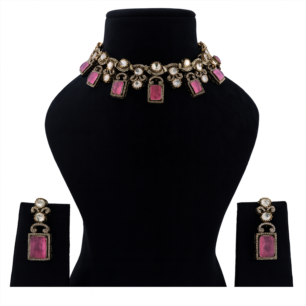 Aanura Green Carved Stone Choker Necklace Set with Earrings