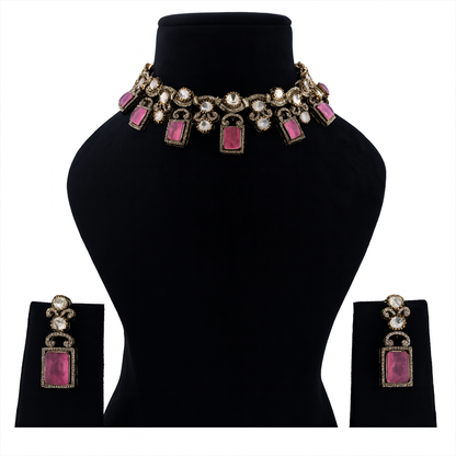Aanura Green Carved Stone Choker Necklace Set with Earrings