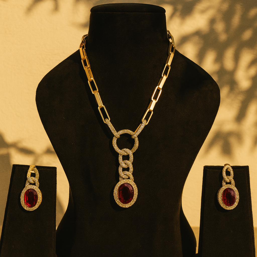 Aanura Red Stone Chain-Link Necklace with Earrings