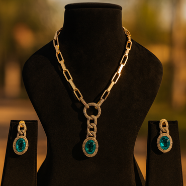 Aanura Red Stone Chain-Link Necklace with Earrings