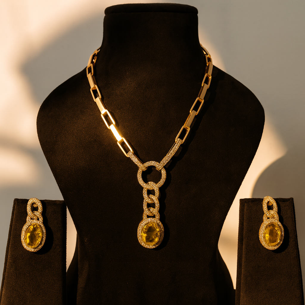 Aanura Red Stone Chain-Link Necklace with Earrings
