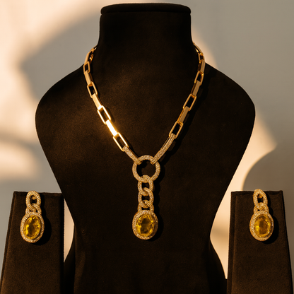 Aanura Red Stone Chain-Link Necklace with Earrings