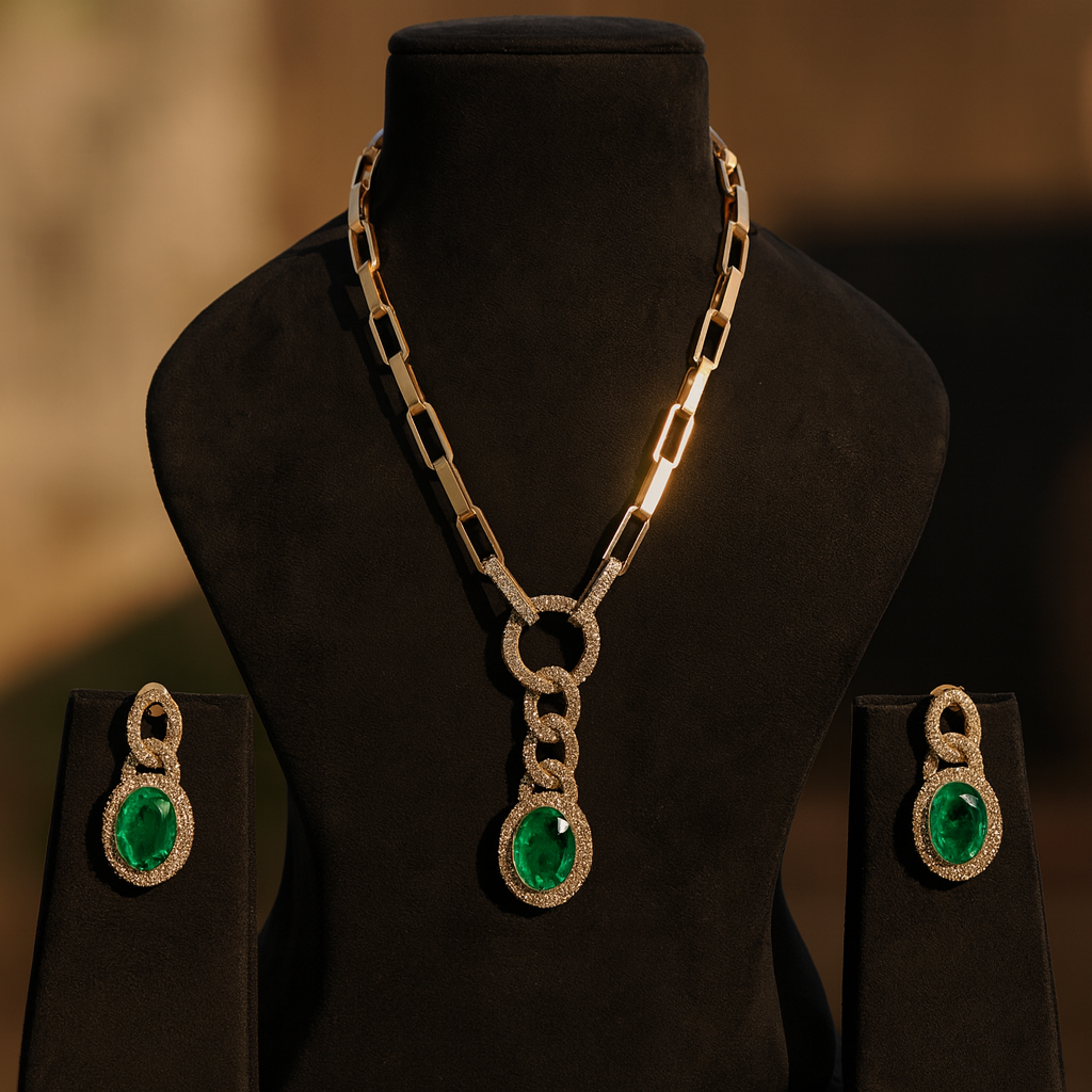 Aanura Red Stone Chain-Link Necklace with Earrings