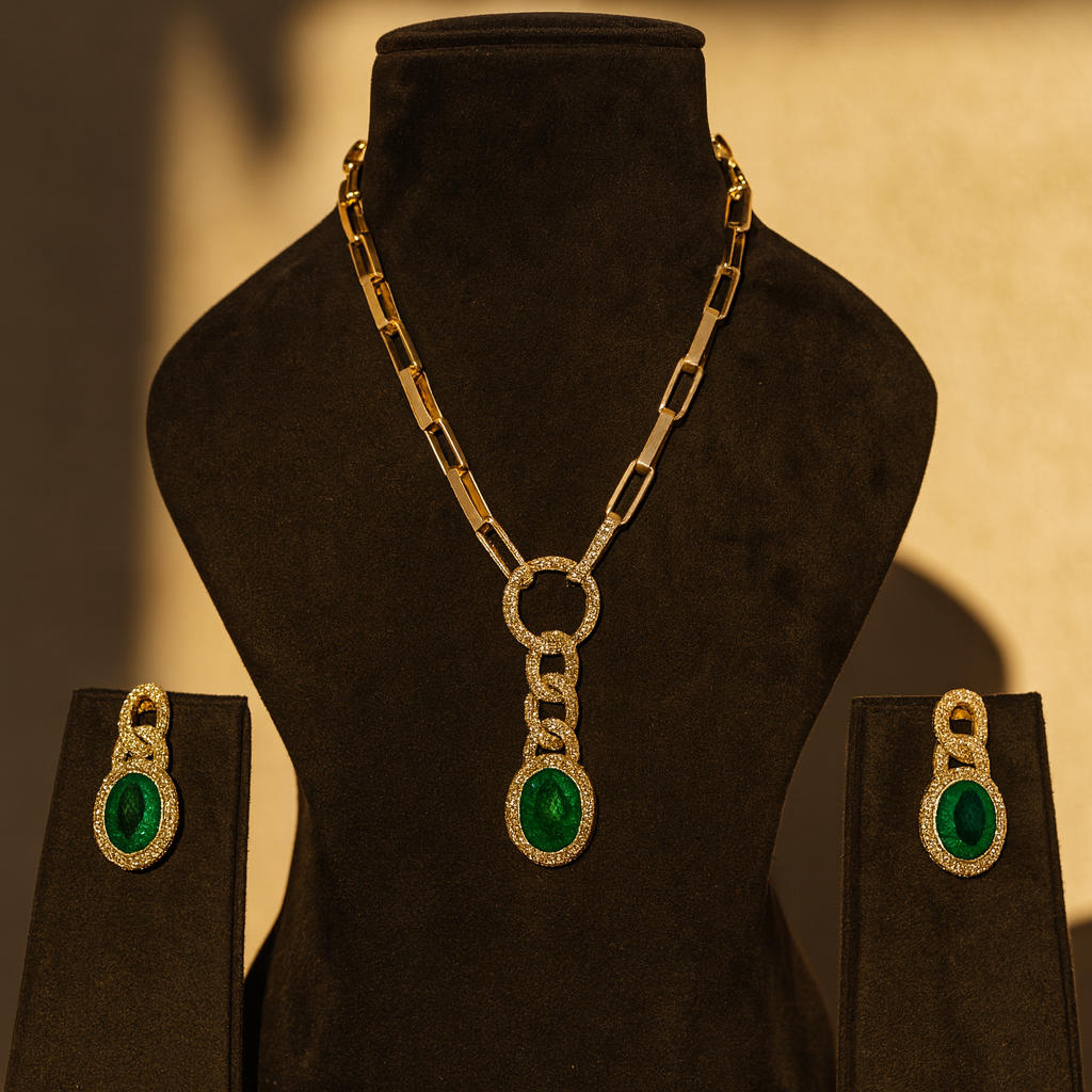 Aanura Red Stone Chain-Link Necklace with Earrings