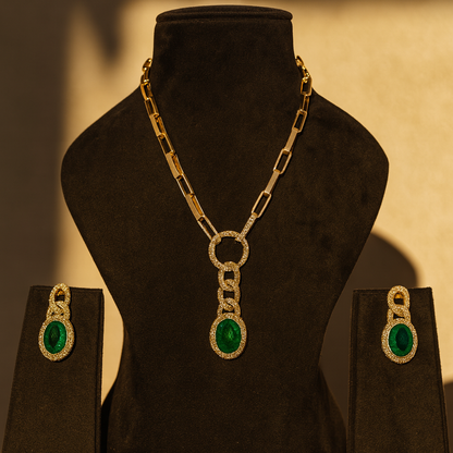 Aanura Red Stone Chain-Link Necklace with Earrings