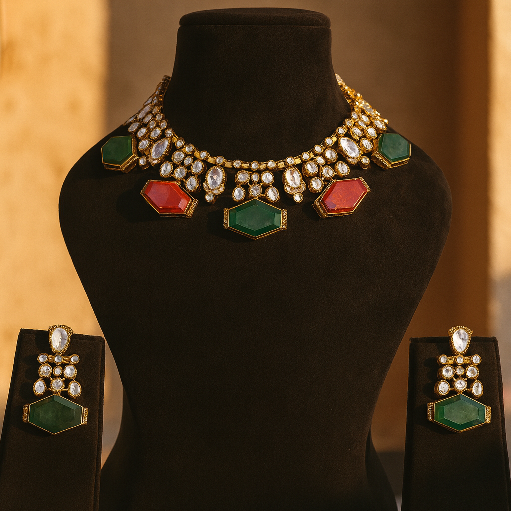 Aanura Dual-Tone Emerald Ruby Kundan Heritage Necklace
