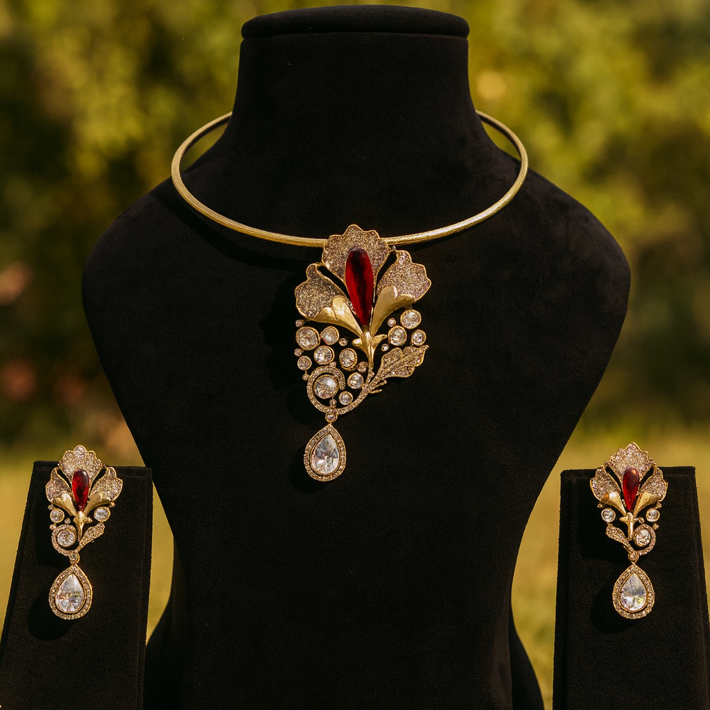 Aanura Red Stone Floral Choker Necklace with Earrings
