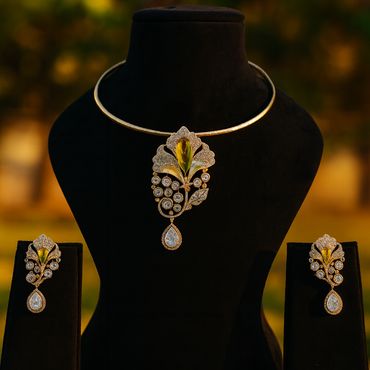 Aanura Red Stone Floral Choker Necklace with Earrings